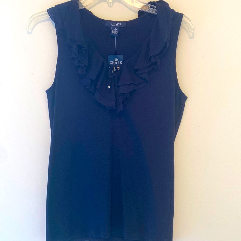 New with tags! Chaps Navy Blue ruffle ruffle collar v neck tee - size Small